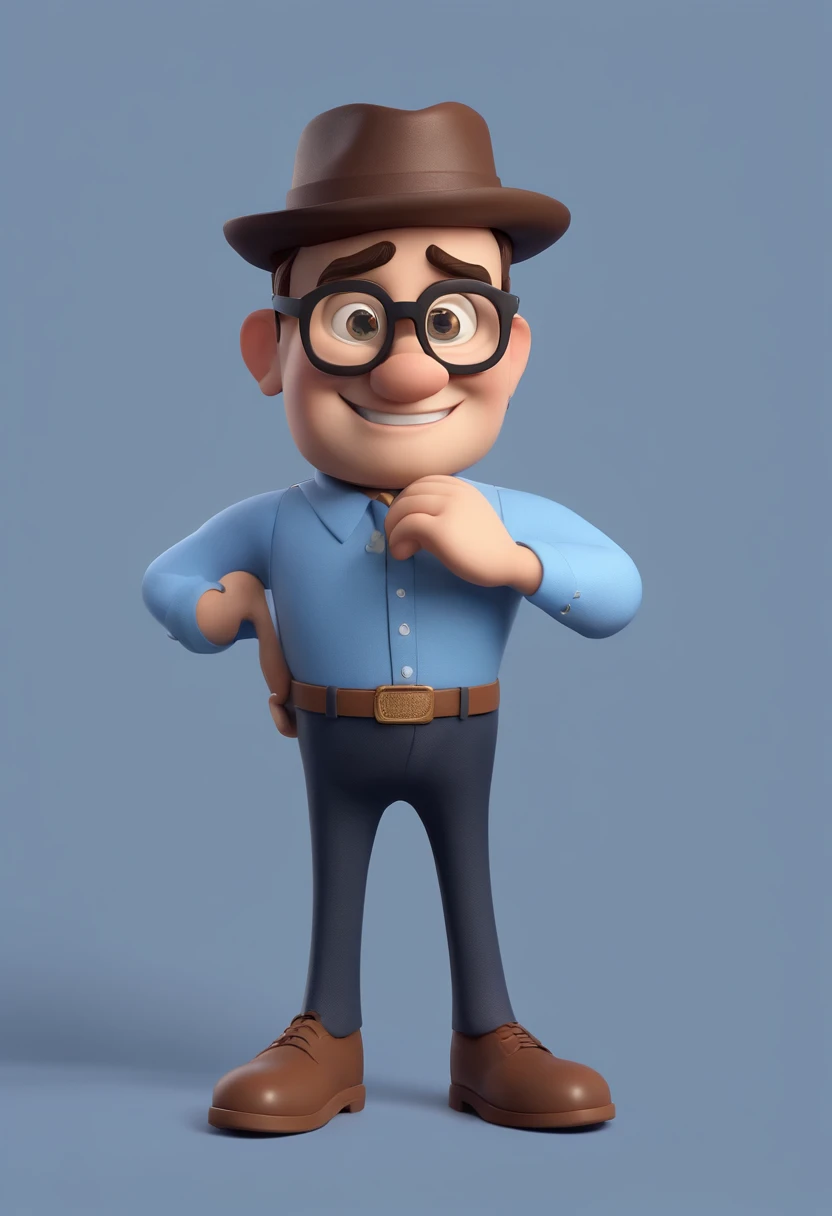 Cartoon character of a man wearing black glasses and a blue shirt, um personagem animado, Caractere estilizado, animation style rendering, 3D estilizado, Arnold Maya render, 3 d render stylized, toon render keyshot, Personagem 3D, Personagem 3D, 3d rendering stylized, 3 d character render, personagem de desenho animado, Personagem de close up, Pose de personagem, (Estilo Pixar) (master part:1.2) (Bokeh) (best quality) (pele detalhada) (textura detalhada) (8k) (argila) (Cinematic lighting) (foco nítido，Senta e vaza a parte superior do corpo
