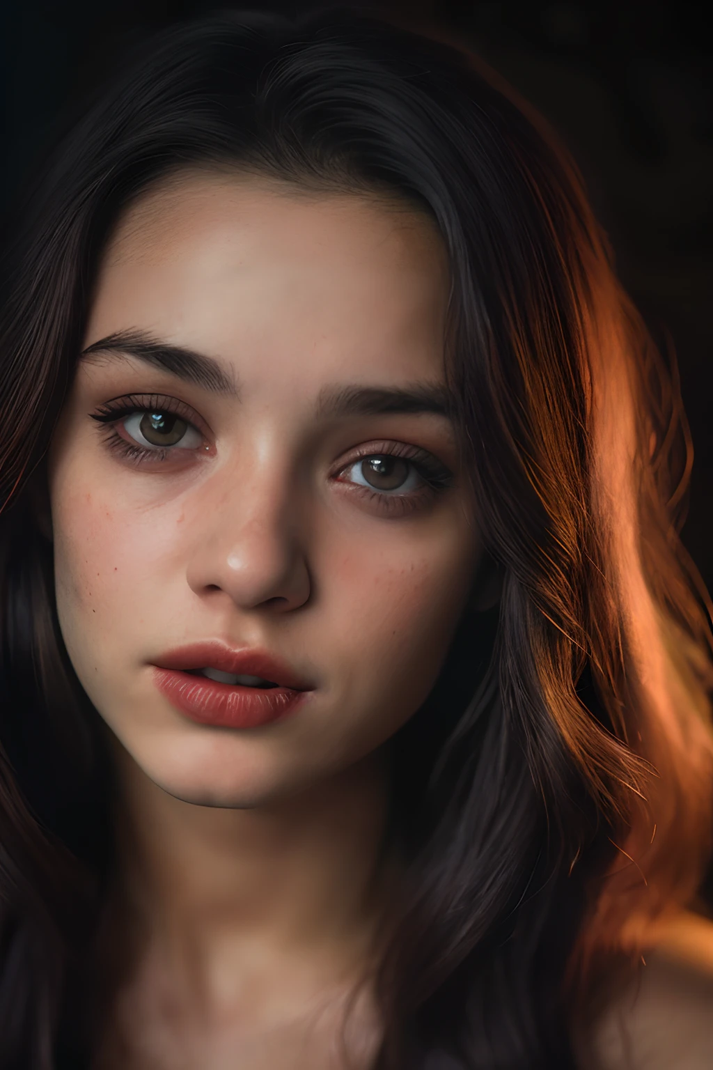 (Close-up, fotografia editorial de uma mulher de 21 anos), (Rosto altamente detalhado:1.4) (sorrir:0.7) (fundo dentro escuro, Moody, estudo privado:1.3) Pov, Directed by: Lee Jeffries, Nikon D850 |, filme fotografia de stock ,4 Kodak Portra 400 ,camera f1.6 lentes ,cores ricas ,hyper realistic ,textura realista, dramatic lighting , cinestill 800,