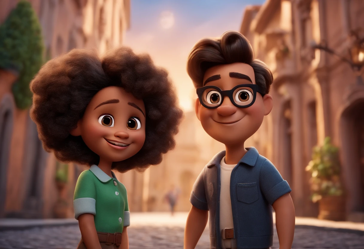 Create a Disney Pixar Cartoon Poster with a Happy Family. The mother is skinny, branca, cabelo liso, comprido e preto, olhos apertados e escuros, wears glasses, vestido florido. Daddy's a strong guy, sorridente, olhos verdes e tem cabelos castanhos curtos. Um cachorro pelo curto na cor preta e com uma mancha caramelo em volta dos olhos. A lovely couple. Illustrate this scene from a perspective where they are facing the camera, Smiling and Showing Your Connection. Desenvolva esta arte em Full HD, Focus on your cinematic touch, Estilo Disney Pixar Animations