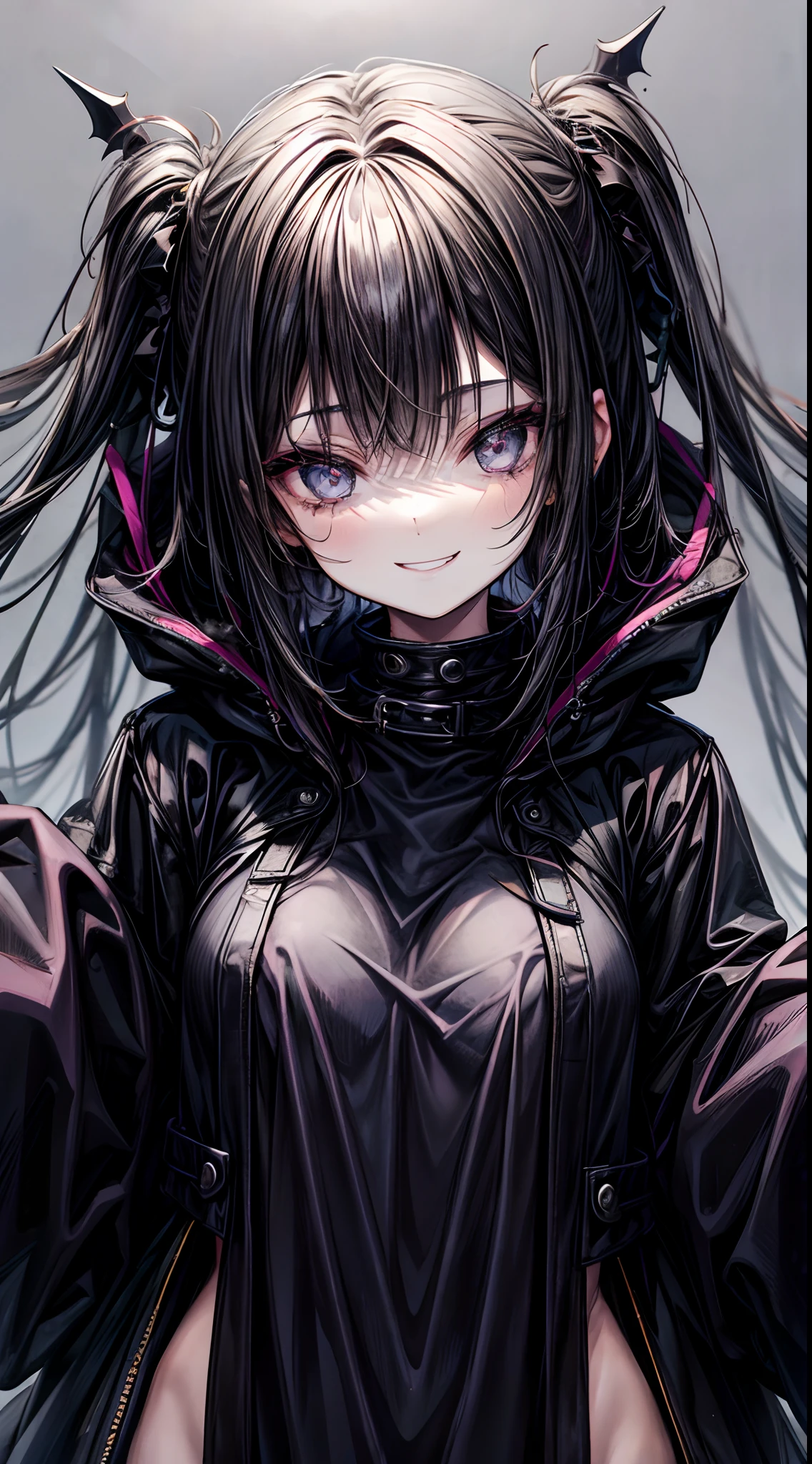 goth girl, (goth makeup:0.7), smile, oversized hoodie, upper body,