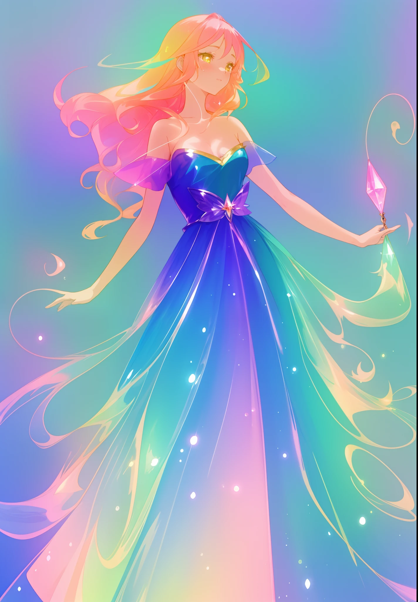 beautiful anime girl in colorful ballgown, layered gradient ballgown, ((sparkling)), vibrant pastel colors, (colorful), magical lights, flowing yellow peach pink hair, glowing aura around her, fantasia background, whimsical, magical, fantasy, beautiful face, ((masterpiece, best quality)), intricate details, highly detailed, sharp focus, 8k resolution, sparkling detailed eyes, liquid watercolor