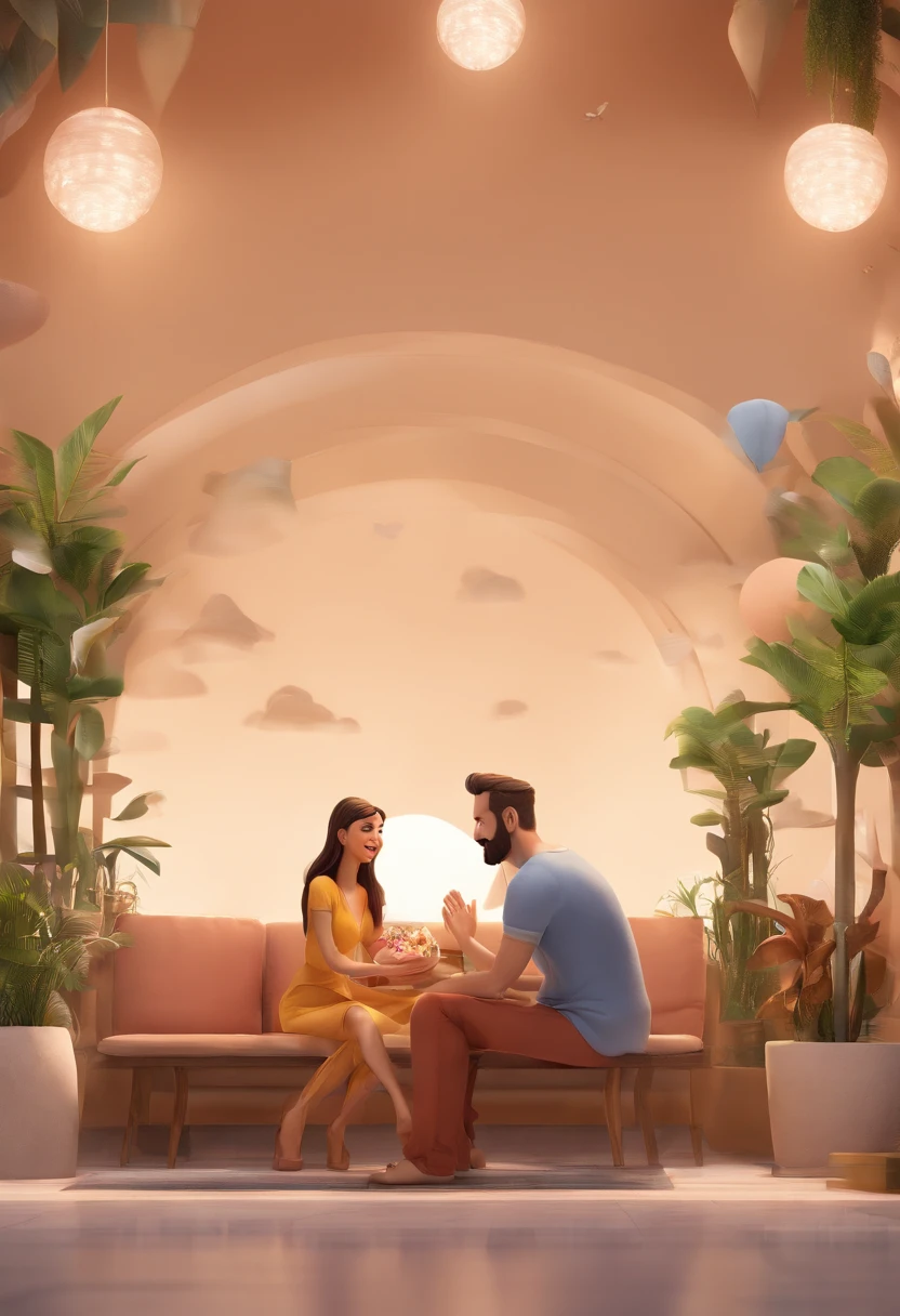 An illustration of an adorable couple, Destacando um homem e uma mulher com beleza, Expressive eyes – the man's hair is bald and brown and he has a full beard, While the woman's hair is tied up in a bun and blonde. They are a bright space, Todos com um sorriso no rosto, e compartilhe um momento especial, That is marked by love, viagem, and pedagogical insights. Ilustre esta cena a partir de uma perspectiva, where they're facing away from the camera, Show Your Connection. Desenvolva esta arte em Full HD, Focus on your cinematic touch, Estilo Disney Pixar Animations
