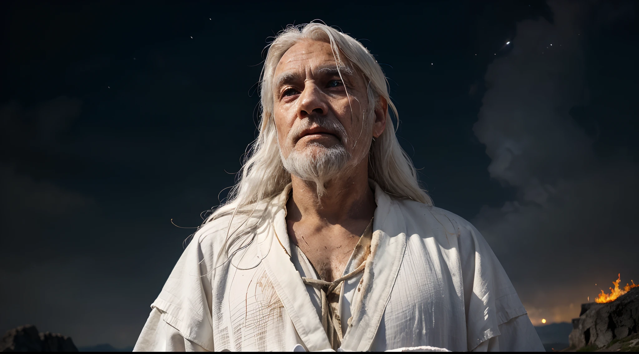 apostle john(detail in face,perfect eyes)(tall)(he is very old man) white hair (white robes),(dirty),(poor),(messy),((looking up to the dark sky))(in the midnight),he witness the vision from God(very bright),(shining from above)(with fire and thunders)he is on top mountain of an island