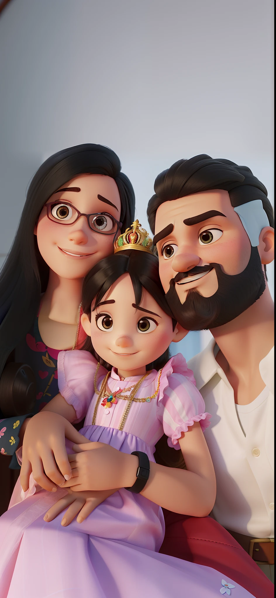 Mulher, crianca e homem estilo disney/pixar. Alta qualidade e melhor qualidade. Crianca menina no centro, 3 anos e vestida de princesa, homem a direita com tatoo de rosa no pescoco, cabelo cacheado curto, lateral do cabelo raspado em corte degrade, camisa social branca, barba media e preta, olhos levemente puxados, nariz fino e pouco largo.