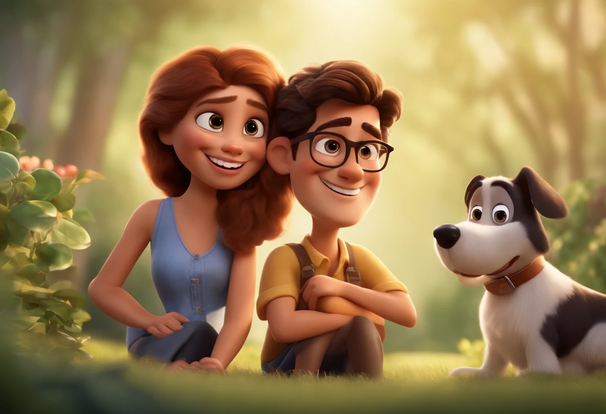 Create a Disney Pixar Cartoon Poster with a Happy Couple. The mother is skinny, branca, cabelo liso, comprido e preto, olhos apertados e escuros, wears glasses, Vestido Floral. Daddy's a strong guy, sorridente, olhos verdes e tem cabelos castanhos curtos. Um cachorro pelo curto na cor preta e com uma mancha caramelo em volta dos olhos. A lovely couple. Illustrate this scene from a perspective where they are facing the camera, Smiling and Showing Your Connection. Desenvolva esta arte em Full HD, Focus on your cinematic touch, Estilo Disney Pixar Animations