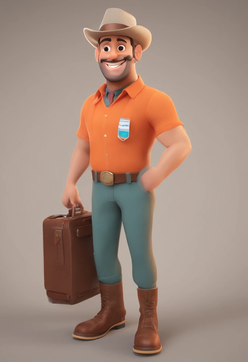 Personagem dos desenhos animados de um garoto com usando uma camisa polo amarela, denim trousers, Cap with a black circle in the center, botinha preta, Holding a tool case and looking content, animation character, Caractere estilizado, animation style rendering, 3D estilizado, 3 d render stylized, toon render keyshot, Personagem 3D, Personagem 3D, renderizado