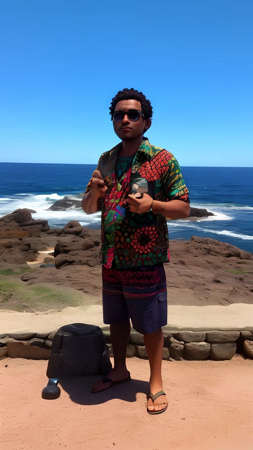 Arafed man standing on a rocky beach holding a mobile phone, aboriginal australian hipster, com camisa havaiana, Waring uma camisa havaiana, Camisa havaiana, Directed by: Benjamin Marra, roupas coloridas, inspired by Maties Palau Ferré, roupas coloridas, inspirado em Francis Souza, usando um vestido africano, in africa, standing near the beach, vacation photo, Costa sul-africana