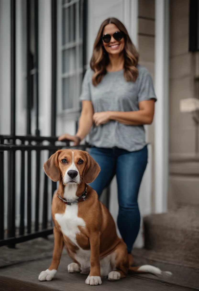 Pixar. Casal com um filhote de cachorro beagle marrom. A tem os cabelos loiros amarrados, Camiseta cinza e jeans claro, white glasses. O meninobelos pretos com cabelos grisalhos, barba pequena, oculos, Dark blue jeans and gray t-shirt. They are both smiling and are 40 years old