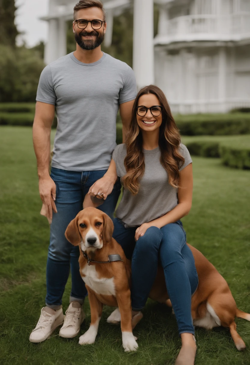 Pixar. Casal com um filhote de cachorro beagle marrom. A tem os cabelos loiros amarrados, Camiseta cinza e jeans claro, white glasses. O meninobelos pretos com cabelos grisalhos, barba pequena, oculos, Dark blue jeans and gray t-shirt. They are both smiling and are 40 years old