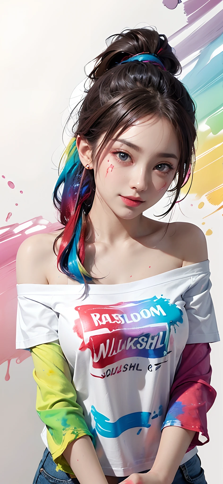 (solid background with very thick acrylic pigment color splash:1.8), large crystal clear eyes, (rainbow colored high ponytail hair:1.6), (exquisite makeup, long eyelashes, small fresh, wipe chest), (white off-shoulder Fashion T-shirt with color splash of acrylic pigment thick paint style messy line:1.6), (Highest Image Quality, Masterpiece, Depth of Field), (lovely smile, excited), (sometimes hold a cat in her arms:0.8),