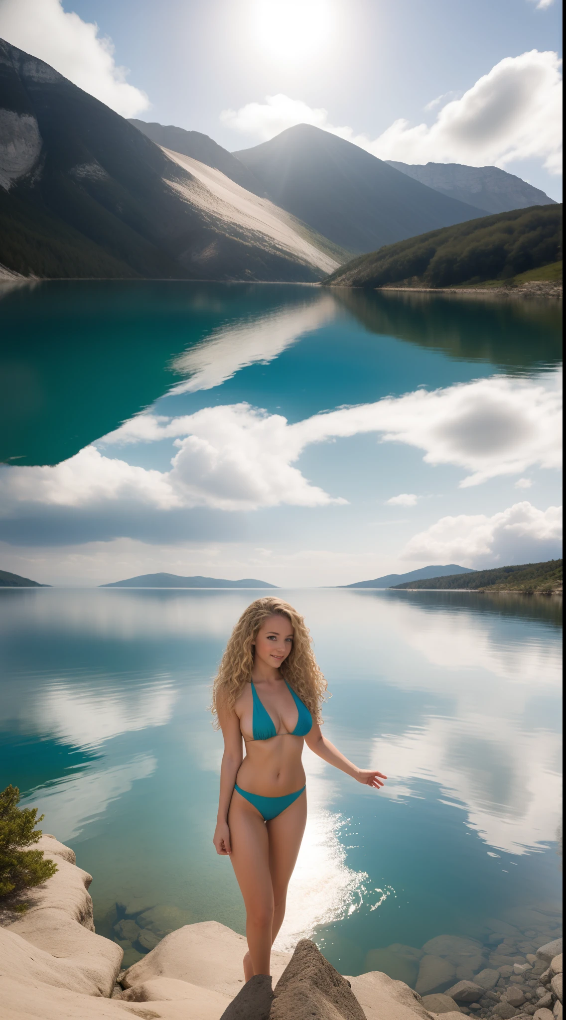 Il y a une femme magnifique en bikini debout dans un lac de montagne, Blonde, long curly hair, pose sexy, Slight smile, photoreallistic, UHD, jour