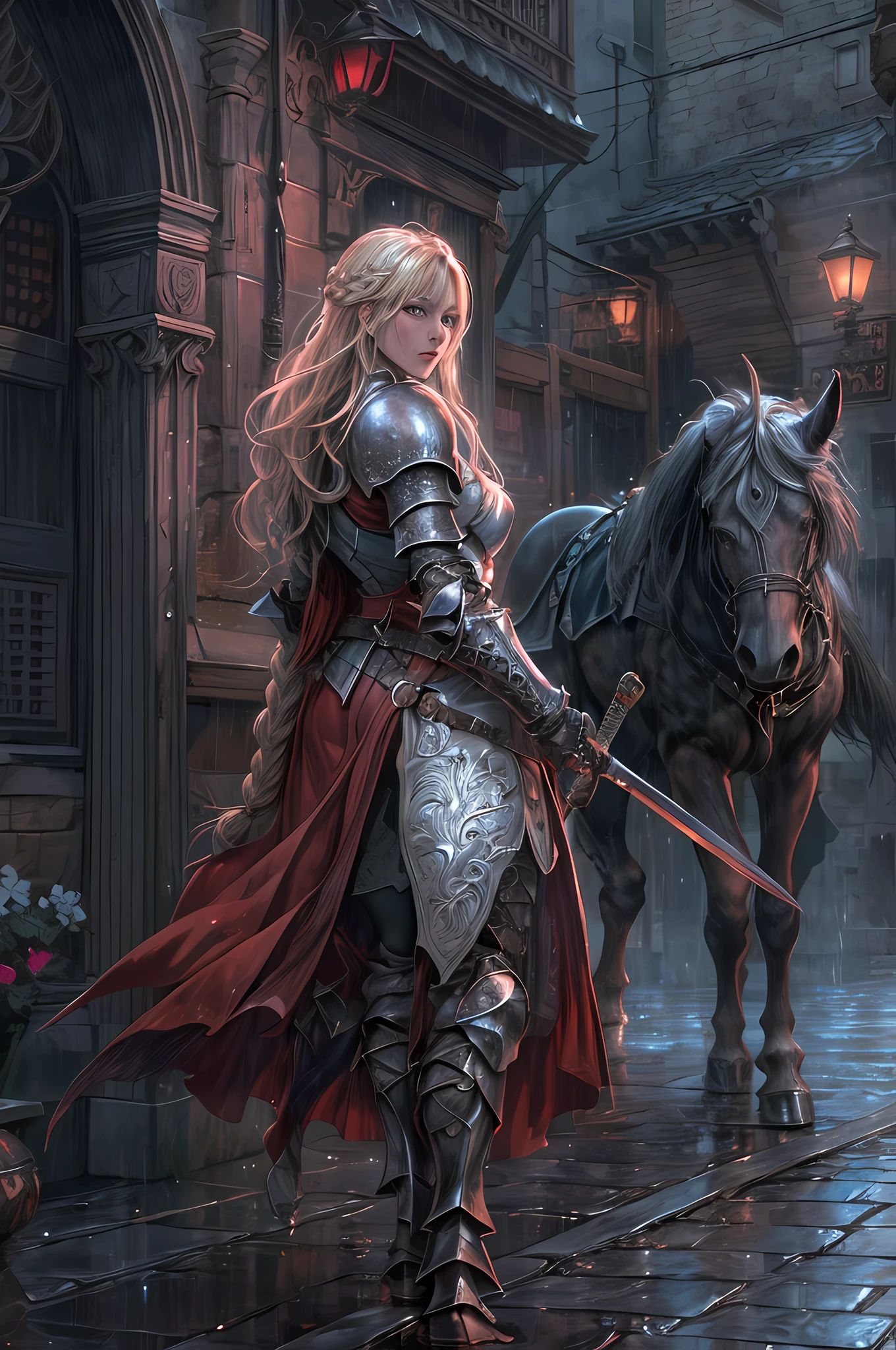 fantasy art, RPG art, high details, best quality, 16k, RAW, [best detailed], masterpiece, best quality, (extremely detailed), (full body: 1.2), ultra wide shot, photorealistic, a (noble woman knight: 1.3) rides his horse in the dark streets of a medieval town, its raining heavy rain, the rain drops on the noble knight, drops on the street, puddles in the street,  the  knight wears (heavy armor :1.3), (white armor: 1.3) , wearing (purple cloak: 1.3), beautiful woman knight, long hair, blond hair, braided hair, noble face, green eyes, armed with a (intricate sword: 1.3), the street is dark, lit by torches, a (fantasy temple: 1.2) in the background, fantasy urban town setting, cloudy night, full red moon,