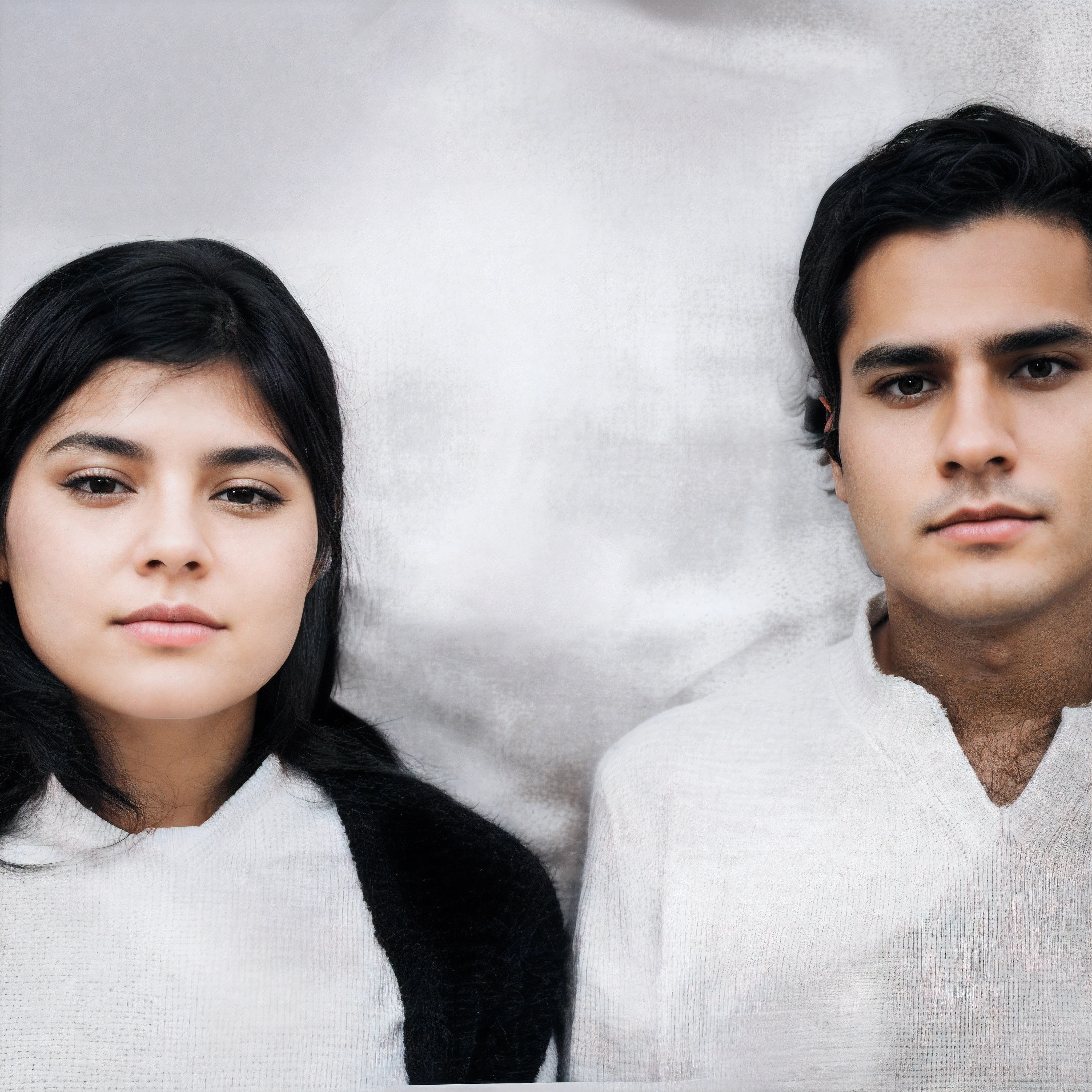 There are two people standing side by side, man and woman, Portrait of two people, woman with straight black hair, black eyes, white and black knitted blouse, (man) with black hair, black eyes, white V-neck blouse, amazing photograph, best quality, 8K, high quality, Ultra detailed, (best quality), (high detailed skin, full sharp:1.2), 8k uhd, dslr, detailed face
