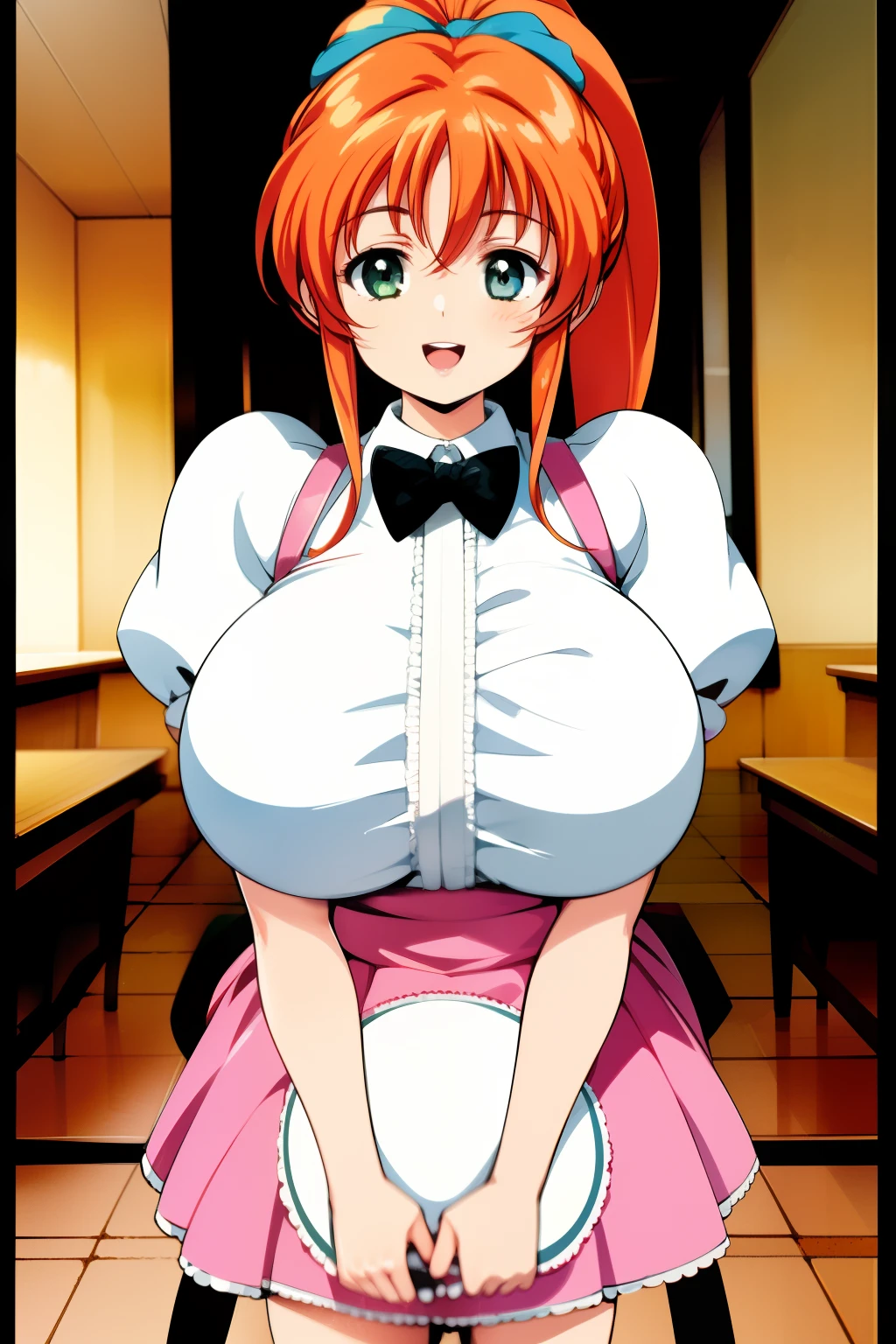 best quality, high resolution,1girl, Fukawa_miku, (huge breasts:1.4), waitress, orange hair, ponytail,happy smile