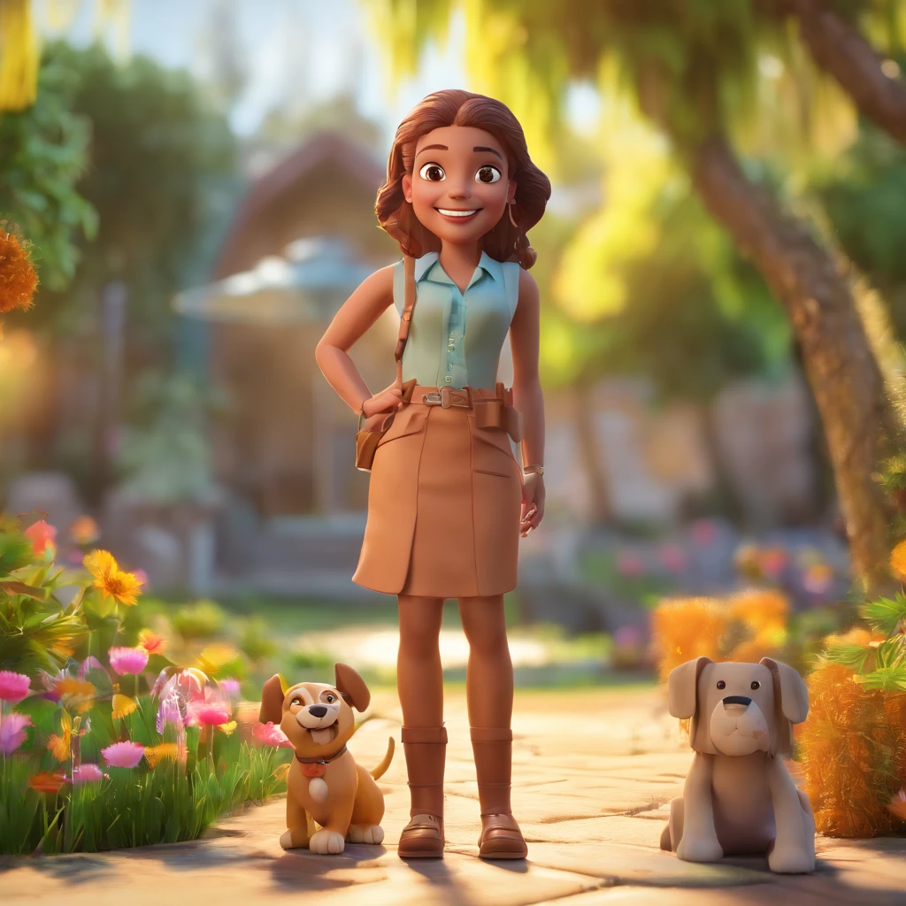 Vivian is a smiling 35 year-old human girl, com seu fiel amigo, Caramelo, o cachorro golden lata, deitados no jardim