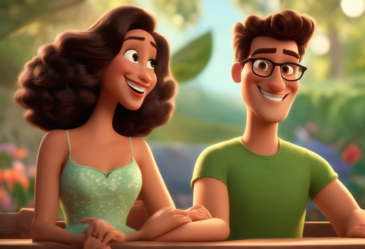 Create a Disney Pixar Cartoon Poster with a Happy Couple. The mother is skinny, branca, cabelo liso, comprido e preto, olhos apertados e escuros, wears glasses, Vestido floral. Daddy's a strong guy, sorridente, olhos verdes e tem cabelos castanhos curtos. A lovely couple. Illustrate this scene from a perspective where they are facing the camera, Smiling and Showing Your Connection. Desenvolva esta arte em Full HD, Focus on your cinematic touch, Estilo Disney Pixar Animations