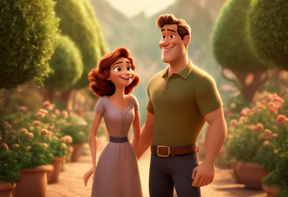 Create a Disney Pixar Cartoon Poster with a Happy Couple. The mother is skinny, branca, cabelo liso, comprido e preto, olhos apertados e escuros, wears glasses, Vestido floral. Daddy's a strong guy, sorridente, olhos verdes e tem cabelos castanhos curtos. A lovely couple. Illustrate this scene from a perspective where they are facing the camera, Smiling and Showing Your Connection. Desenvolva esta arte em Full HD, Focus on your cinematic touch, Estilo Disney Pixar Animations