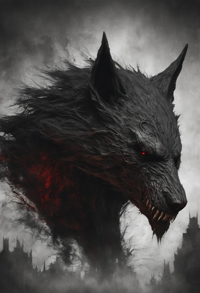 (best quality, highres, ultra-detailed, realistic:1.37), dark werewolf, exposed bones, blood dripping from the corners of the mouth, piercing crimson eyes, eerie atmosphere, menacing expression, fur covered in shadows, moonlit background, glowing red moonlight, intense contrasts