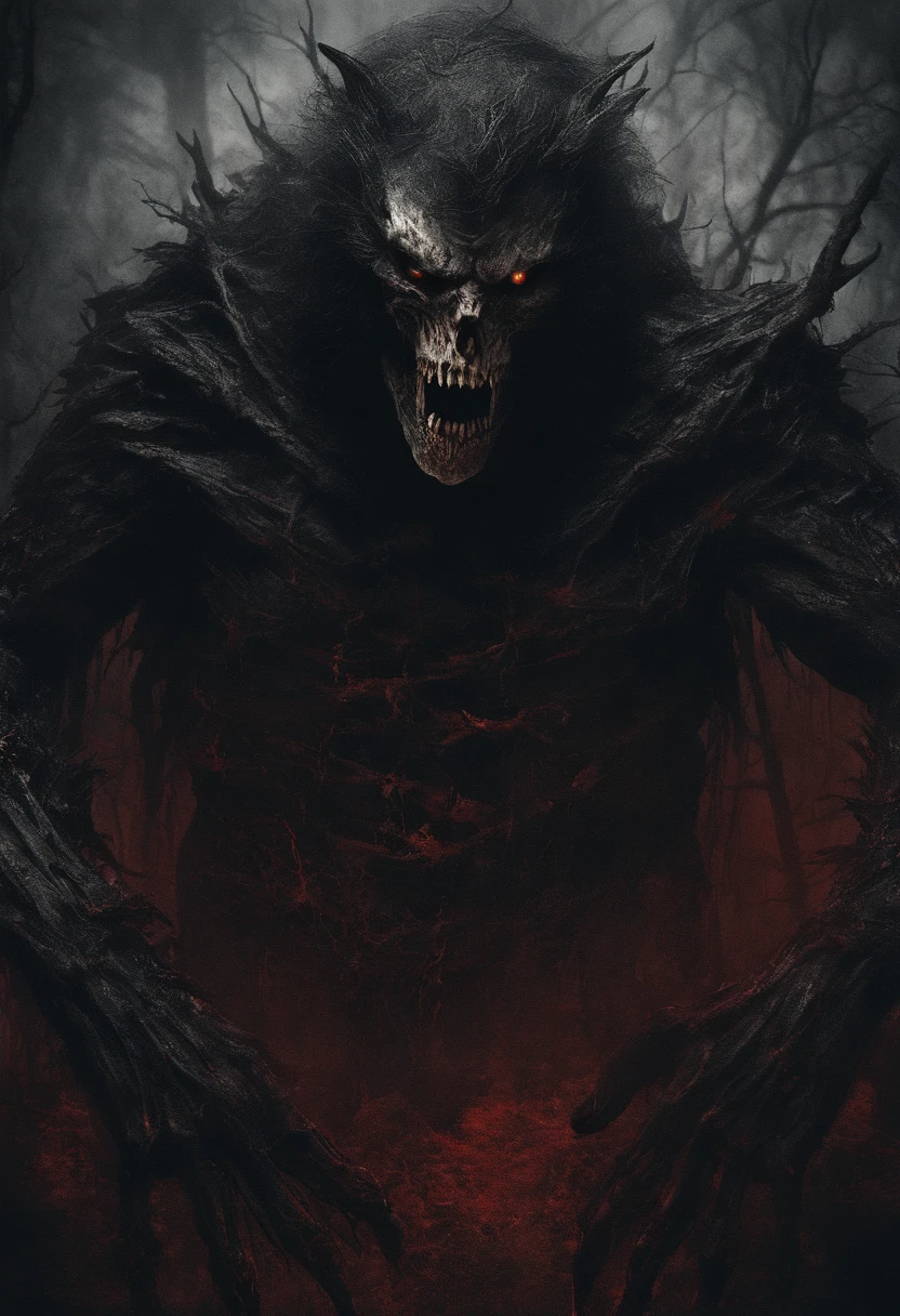 (best quality, highres, ultra-detailed, realistic:1.37), dark werewolf, exposed bones, blood dripping from the corners of the mouth, piercing crimson eyes, eerie atmosphere, menacing expression, fur covered in shadows, moonlit background, glowing red moonlight, intense contrasts
