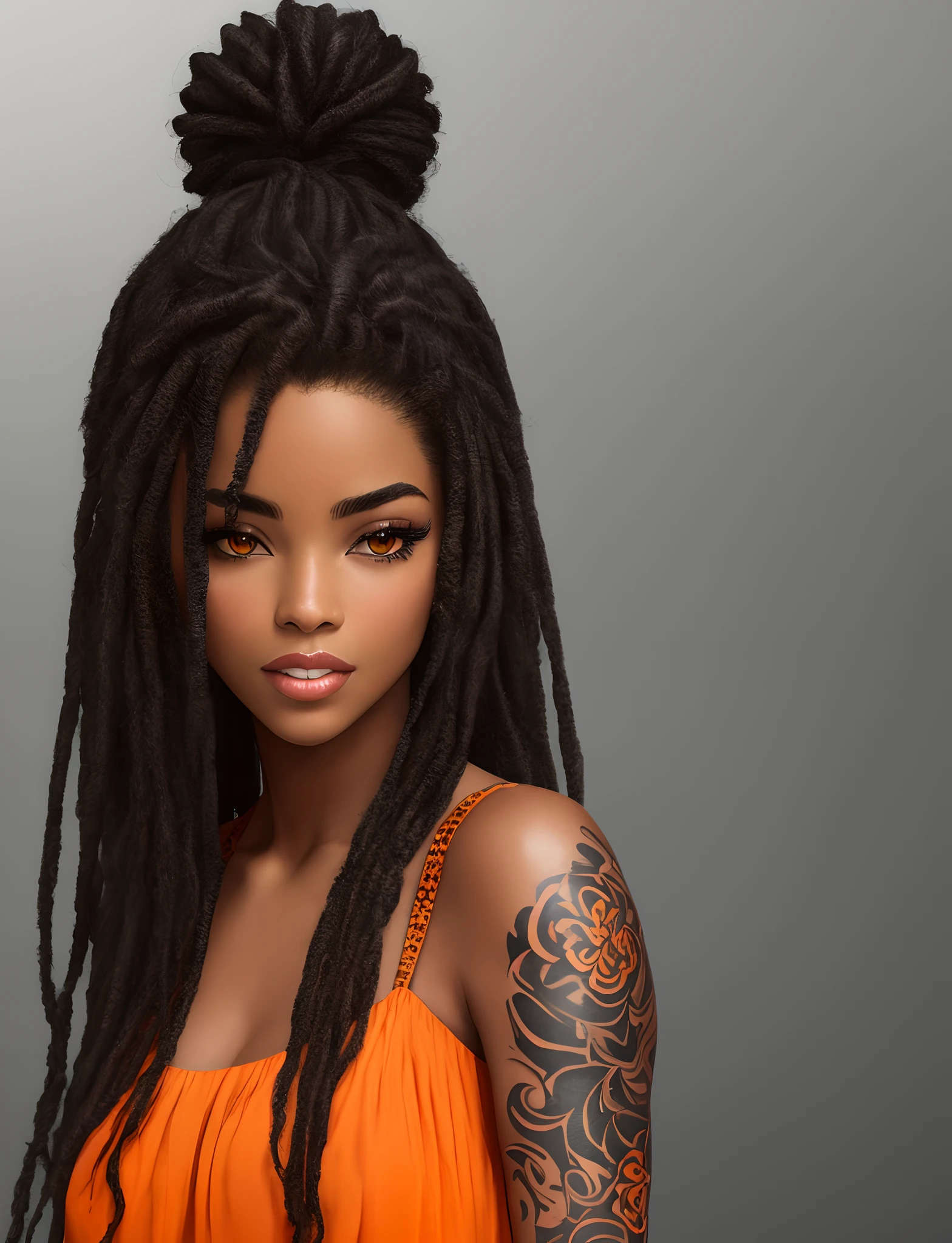 There is a woman with long braids and a necklace in, com o rosto muito detalhado, rosto realista detalhado, ( ( pele escura ) ), pele negra!!!, tom de pele preto escuro, rosto realista altamente detalhado, ( Brown skin ), pele negra escura, rosto detalhado realista, com cabelo e pele texturizados, pavor + altamente detalhado, Ela tem pele marrom oliva