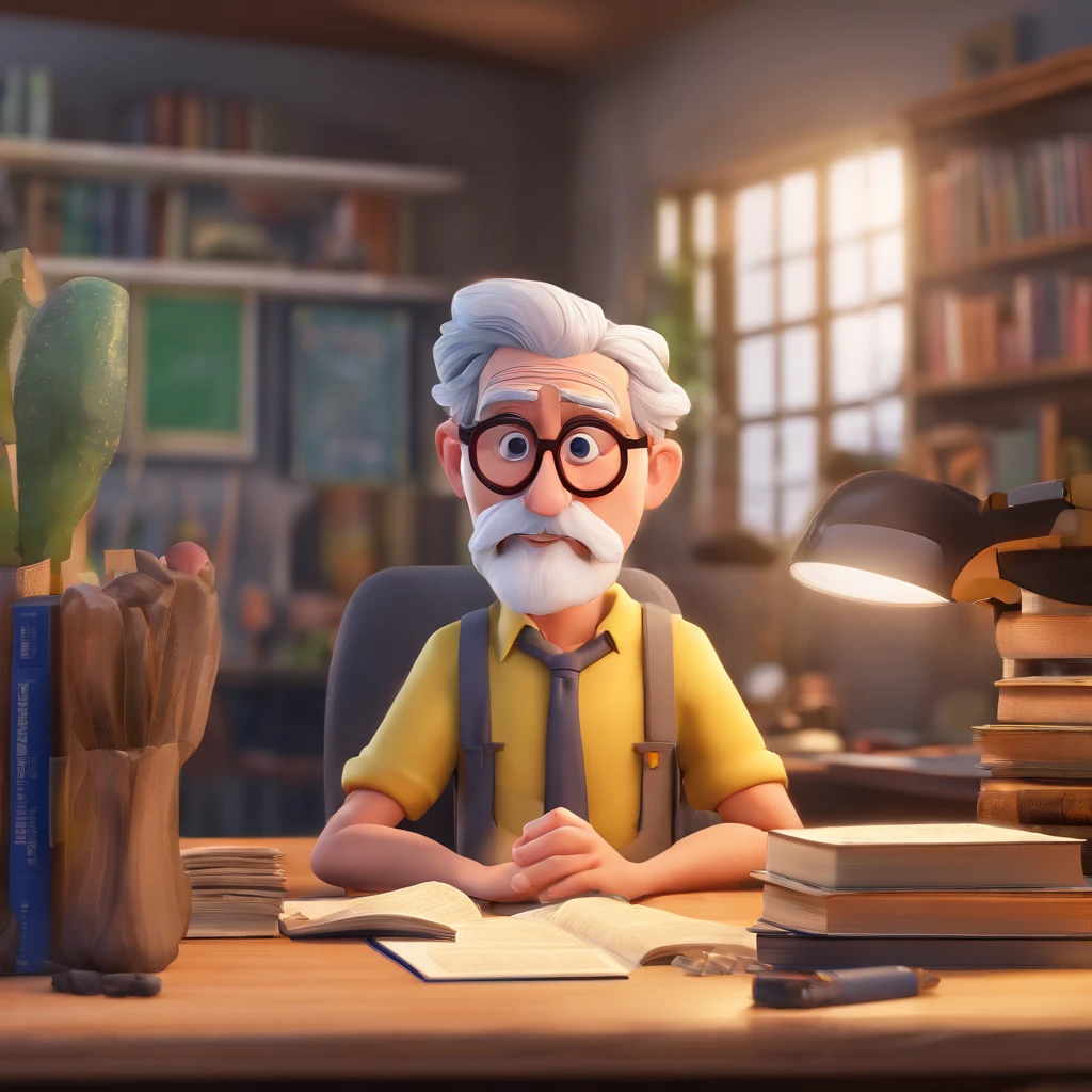 Crie um cartaz inspirado na Disney Pixar com o personagem sendo o pastor Rubens Janier, A gray-haired man wearing glasses, in an office with a Bible on the table, Looking forward and serious