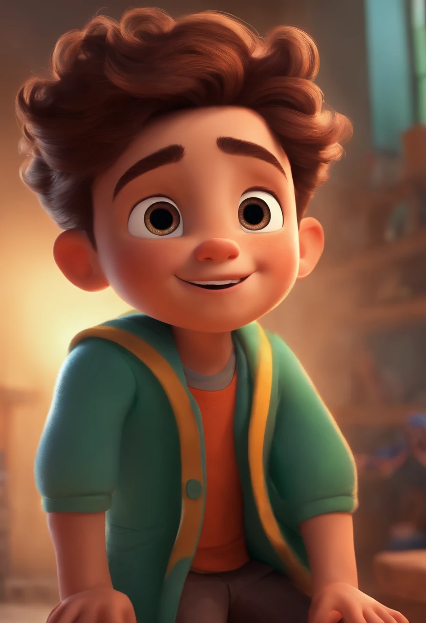 Image of a boy for a story in a YouTube video in Pixar format, He's the little allabester, He's the class leader, He's outgoing, Playful and gets up for a lot of things, cabelo curto