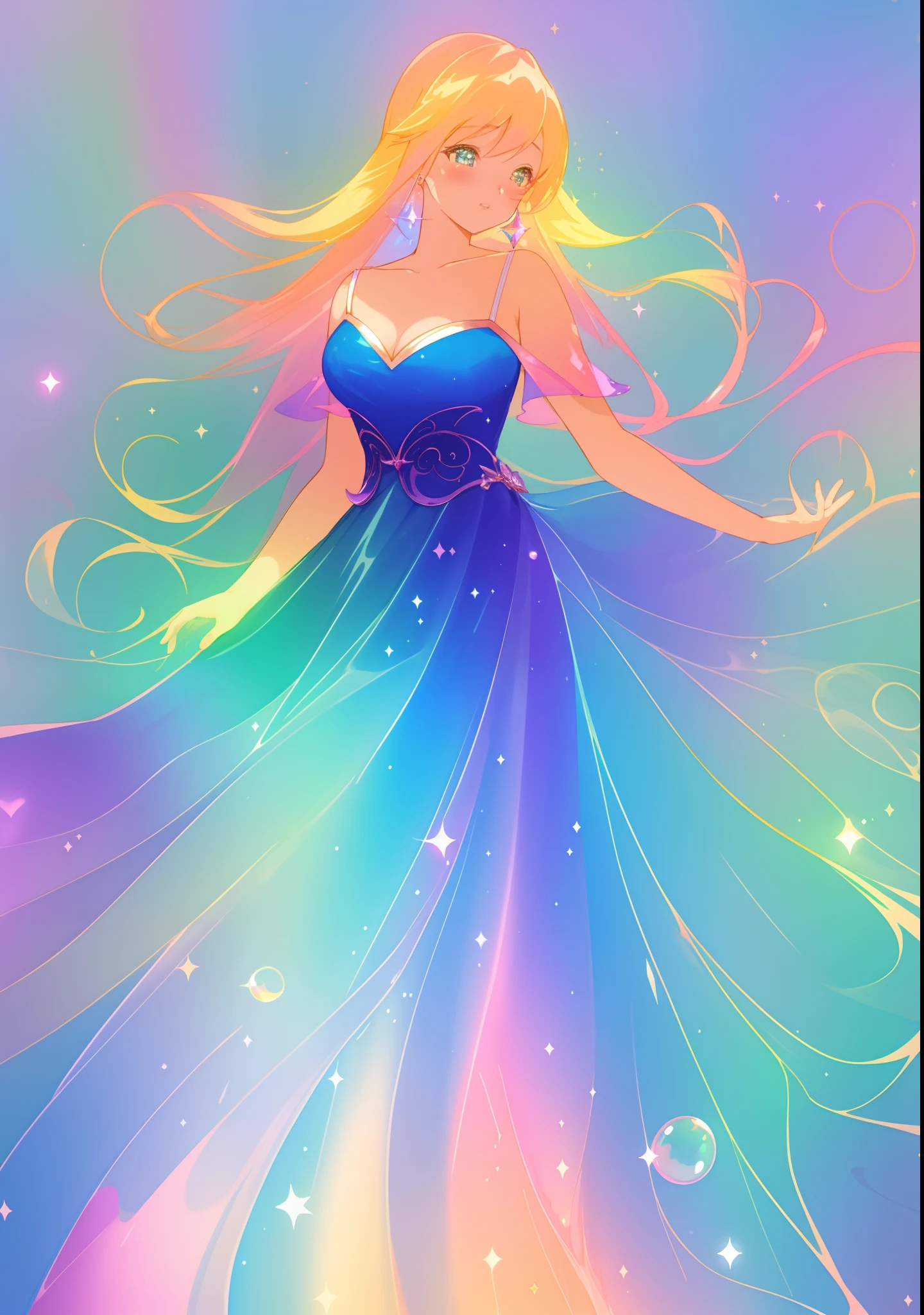 beautiful anime girl in colorful ballgown, layered gradient ballgown, ((sparkling)), vibrant pastel colors, (colorful), magical lights, flowing yellow peach pink hair, glowing aura around her, fantasia background, whimsical, magical, fantasy, beautiful face, ((masterpiece, best quality)), intricate details, highly detailed, sharp focus, 8k resolution, sparkling detailed eyes, liquid watercolor