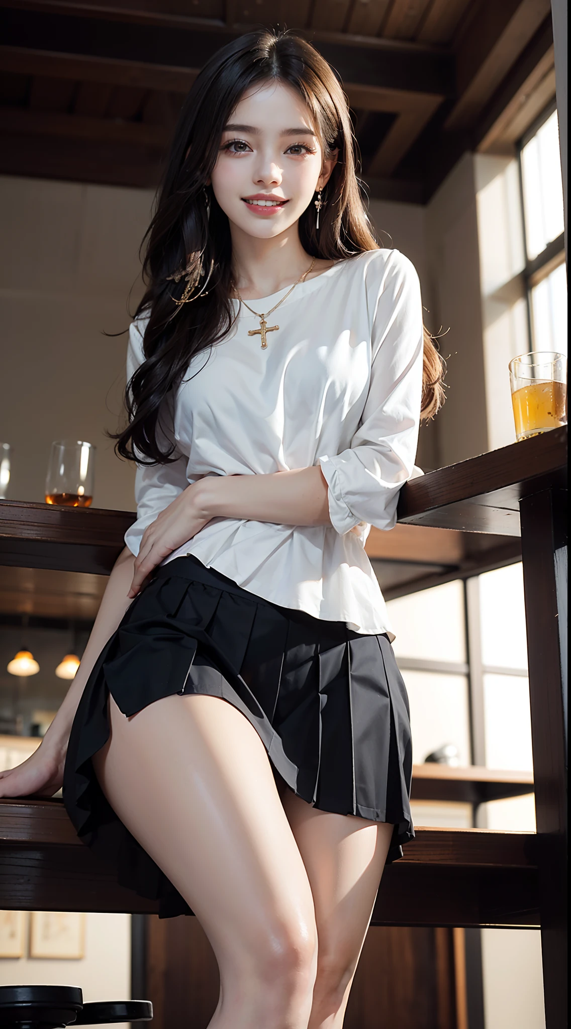 ((knee shot)), ((from below)),A young girl, In the bar, Leaning against the bar, Cross ed leg, posing elegantly, ((White color blouse, a black pleated skirt)), Detailed scenes, Long messy hair, Brownish-yellow hair, light make-up, Blushlush, Nice slender legs, (Extremely high color saturation), Detailed details, ultra-detailliert, (tmasterpiece, best qualtiy), (An extremely delicate and beautiful work), Delicate earrings, Delicate necklace, Simple blurred background, Extreme detail description, Ultra-fine painting, Delicate face, slim toned body, Slimming the waist, (grin), (anatomy correct)