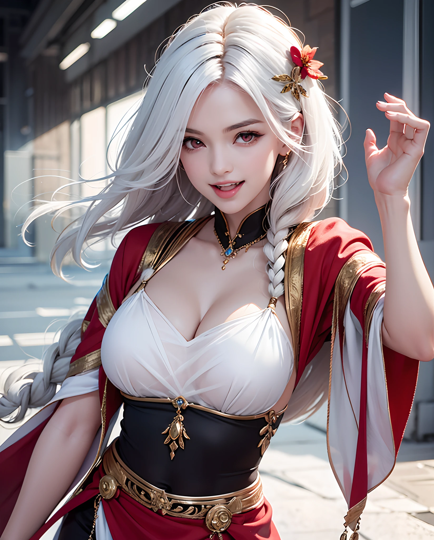 , best quality , 1girl, sirius al,short hair,red eyes,white hair ,smile , perky , open mouth , fang tooth  , multicolored hairs , braids , hair ornament