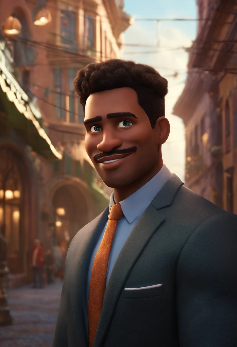 A city councilman looking at a dream project inspired by Pixar animation, de perto. The character takes center stage with captivating facial expressions, oferecendo um toque de irrealidade