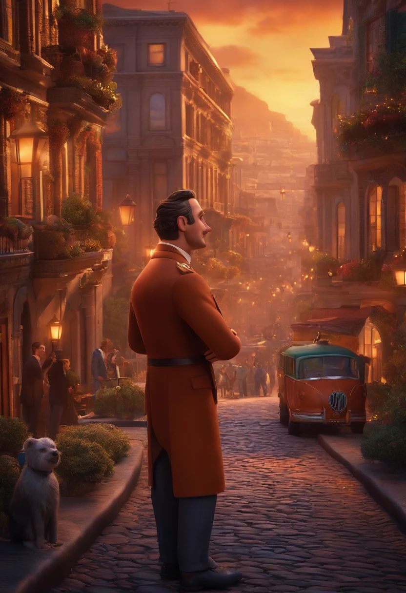 A city councilman looking at a dream project inspired by Pixar animation, de perto. The character takes center stage with captivating facial expressions, oferecendo um toque de irrealidade