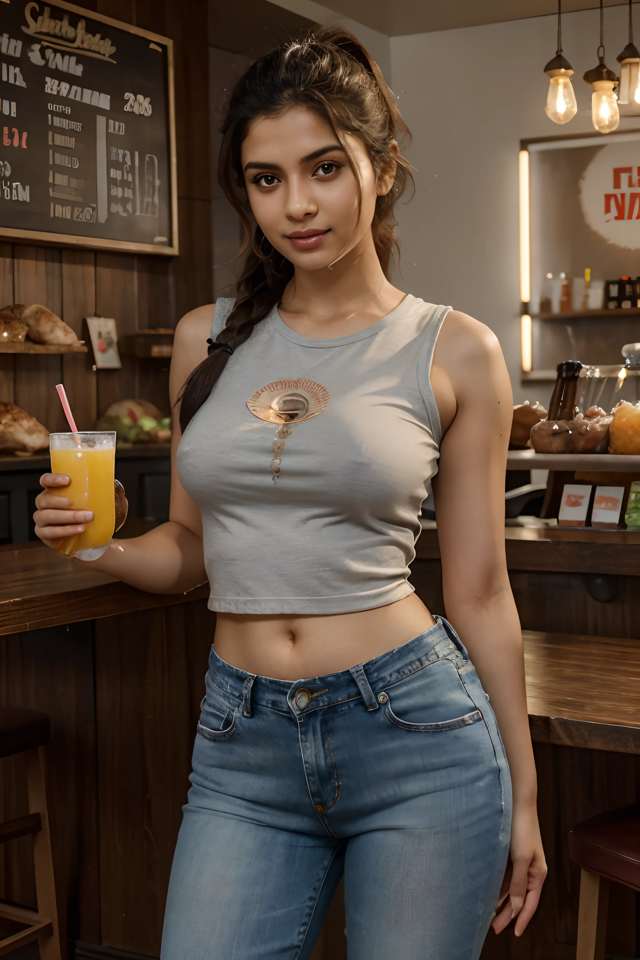 A confident Indian woman, 23 years old Vedhika , Duke, ktm, (8k), (best quality), (masterpiece:1.2), (realistic), (photorealistic:1.37), ultra-detailed, detailed face, fair skin tone (tight jean), (t-shirt), ((juice shop background)), (stands straight), ((perfect female body, skin dentation)), mature female, narrow waist, smile, (full body), sexy legs, ponytail | wavy, high quality, HDR, photorealistic, incredible detail of the skin, (slightly sweaty body:0.5), professional photo, perfect 36-26-36 figure, eating chicken in a restaurant using fork and knife,