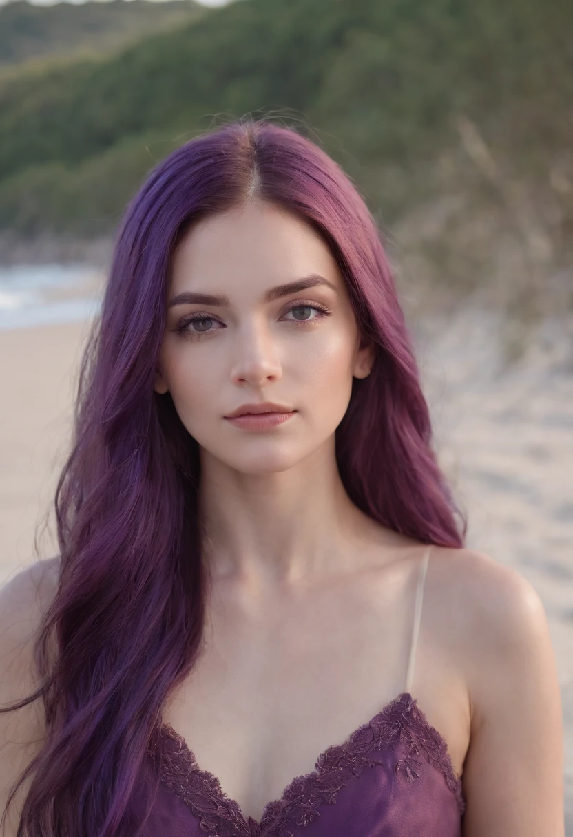 Girl with long purple hair,Purple eye,sandbeach,beachside,the sunset