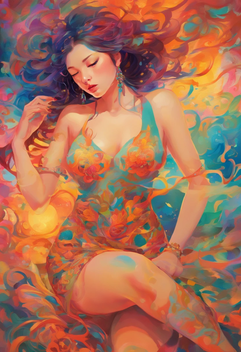 The art depicts a charming woman dressed in a flowing, oriental transparent dress, decorated with sexy patterns and bright colors. Showing small round ass, Her transparent dress drapes elegantly over her curvy figure, accentuating her seductive silhouette. She stood gracefully in the quiet moonlit night, bathed in the soft glow of the moonlight. The scene exudes an ethereal and dreamy atmosphere, with a touch of mystery and sexiness. The graphic style blends watercolor and digital illustration techniques to evoke a refined beauty and charm. The lights are filled with soft moonlight, casting soft highlights and shadows on her charming features. Bare buttocks, three-dimensional facial features, lying on bed, clear eyes, topless, visible,full body,