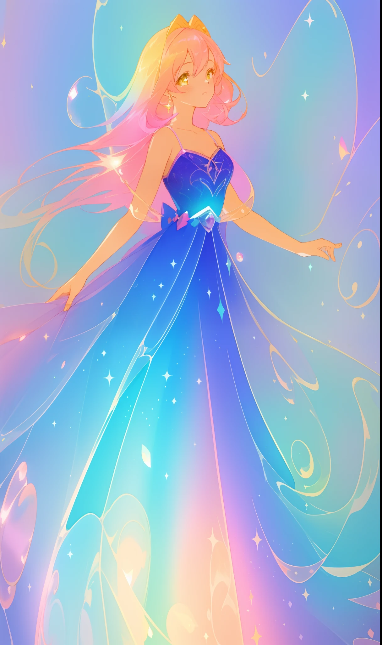 beautiful anime girl in colorful ballgown, layered gradient ballgown, ((sparkling)), vibrant pastel colors, (colorful), magical lights, flowing yellow peach pink hair, glowing aura around her, fantasia background, whimsical, magical, fantasy, beautiful face, ((masterpiece, best quality)), intricate details, highly detailed, sharp focus, 8k resolution, sparkling detailed eyes, liquid watercolor