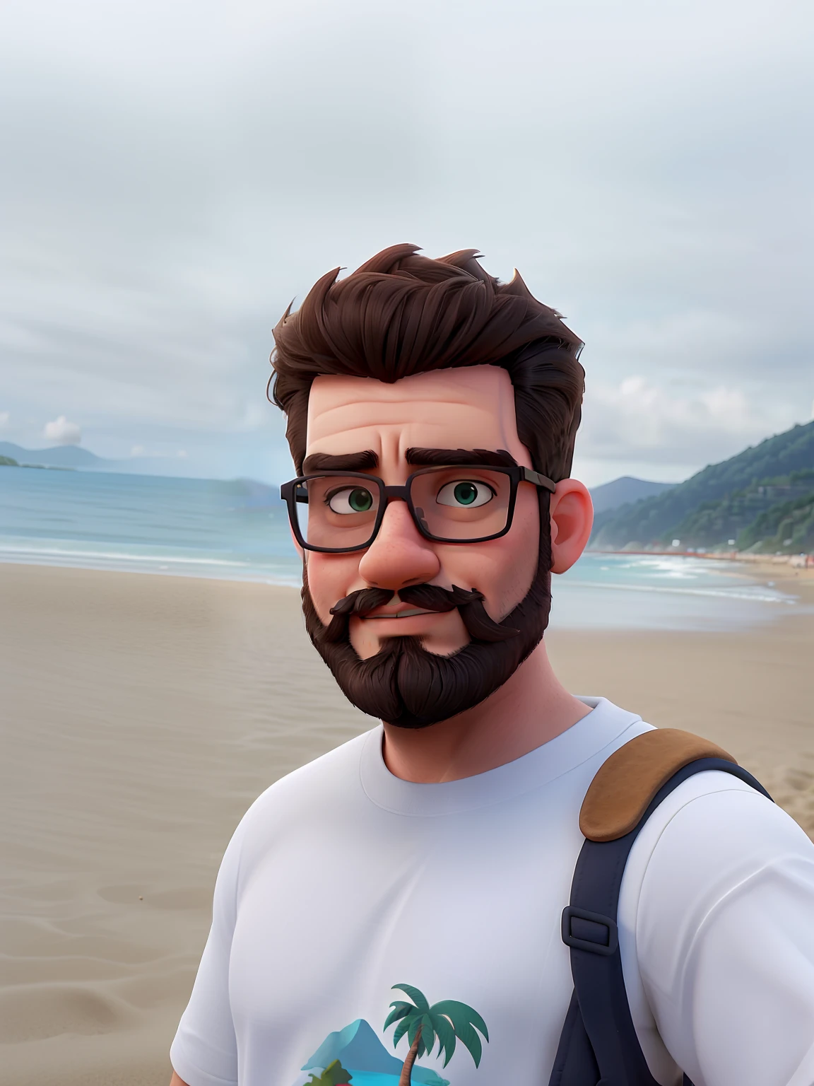 there is a man with a beard and sunglasses on a beach, 8k selfie photograph, ocean in the background, at a beach, with a small beard, at a tropical beach, standing at the beach, without beard, in the beach, the ocean in the background, at the beach, with no beard, vacation photo, with mountains in the background