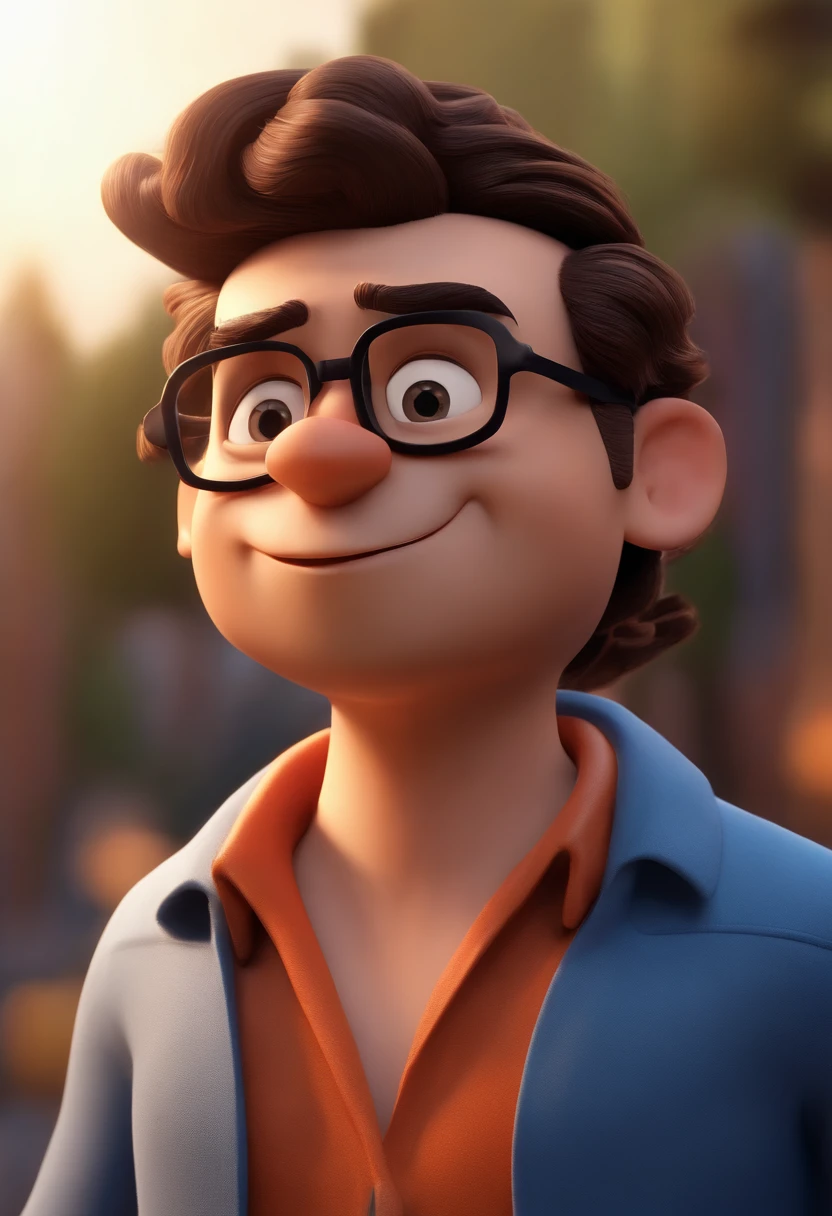 Cartoon character of a man with black glasses, cabelo cacheado marrom escuro e uma camisa azul, animation character, Caractere estilizado, animation style rendering, 3D estilizado, Arnold Maya render, 3 d render stylized, toon render keyshot, Personagem 3D, Personagem 3D, 3d rendering stylized, 3 d character render, personagem de desenho animado, Personagem de close up, Pose de personagem, (Estilo Pixar) (master part:1.2) (Bokeh) (best quality) (pele detalhada) (textura detalhada) (8k) (argila) (Cinematic lighting) (foco nítido