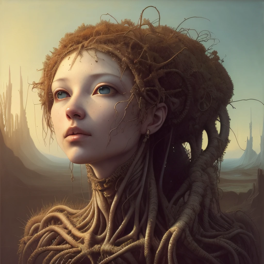 ribbed abandoned closeup face portrait of an angel on exoplanet, covered with tentacles, roots, wires, tubes, baroque painting, standing in a desolate empty wasteland, creepy, nightmare, dream-like heavy atmosphere, surreal abandoned buildings, beautiful detailed intricate insanely detailed octane render trending on Artstation, 8K artistic photography, photorealistic, chiaroscuro, Raphael, Caravaggio, Beksinski, Giger