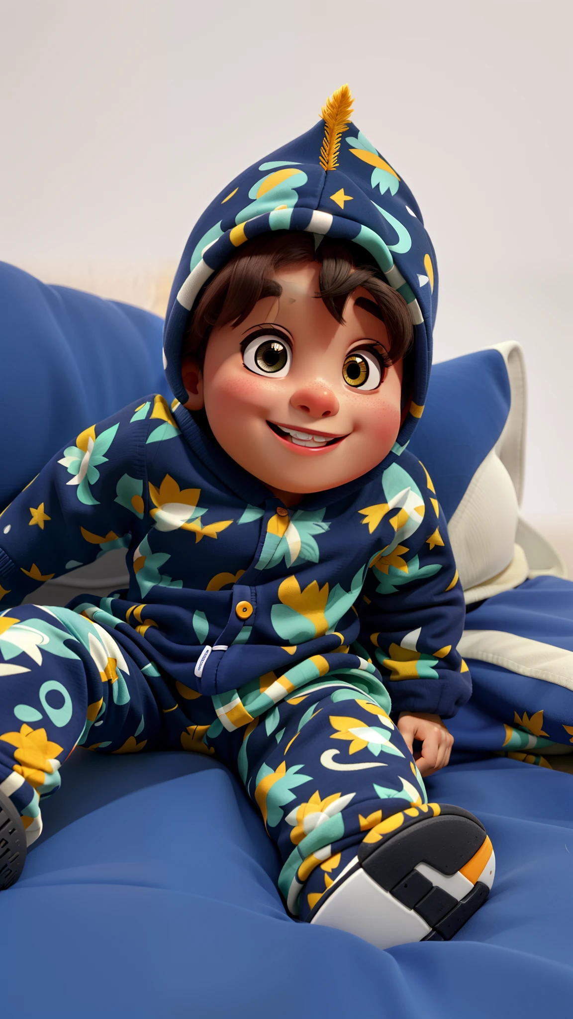 A Jornada dos Pequenos Exploradores: a happy little boy sitting on the floor, na floresta, com uma pequena mochila azul nas costas, blusa amarela, bermuda preta, bota de trilha azul, estilo Pixar, Disney, melhor qualidade, riqueza de detalhes.