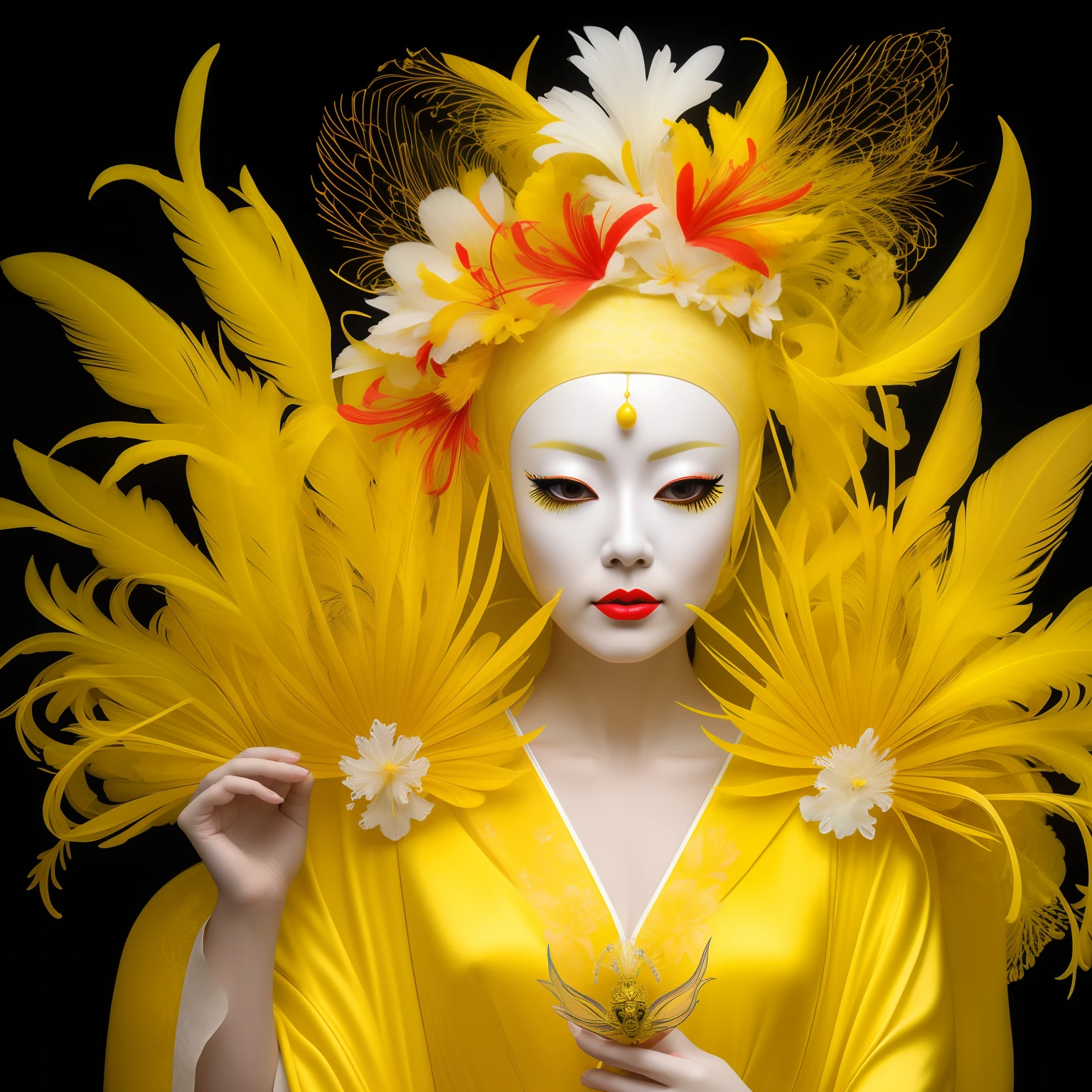 venetian  queen of yellow warbler bird , luminophore woman wearing yellow feather mask , woman in kimono , white ceramic venetian mask , satanic red  lycoris , yellow lily , hurricane flower , neon yellow and white, best quality, high quality, good