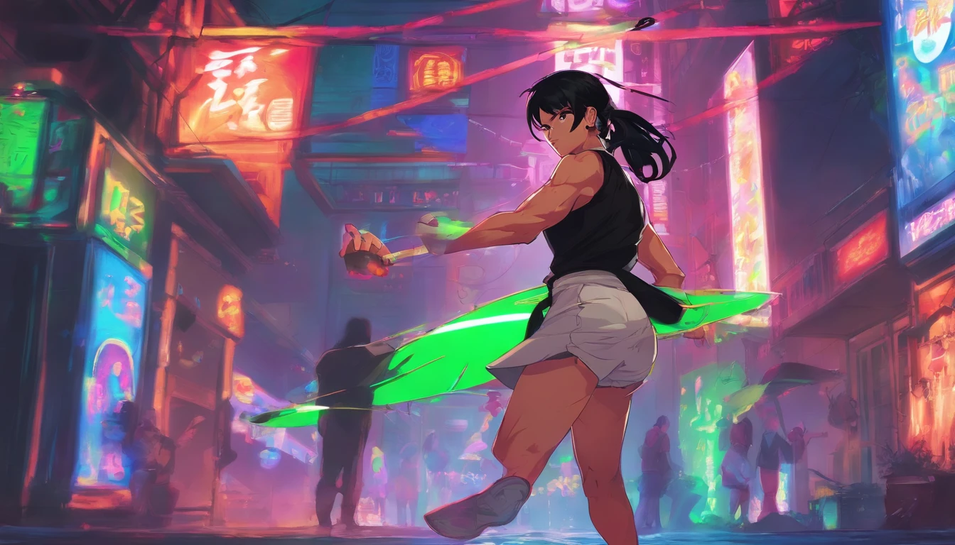 Afemined anime boy , with black hair tied in a ponytail, green eyes, wearing cropped top, black miniskirt, high-top sneakers, earrings, full body pose, night place with neon lights with skateboard