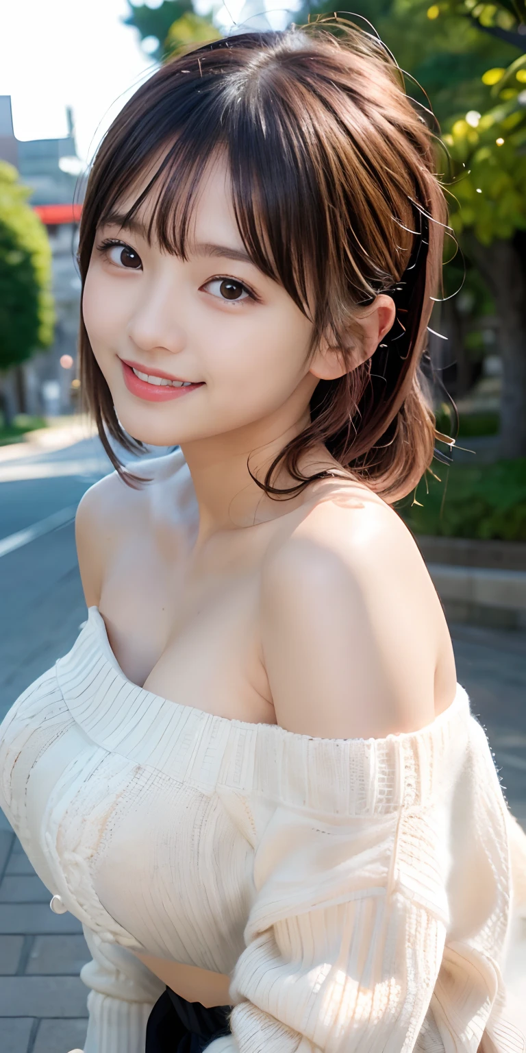 incredibly absurd, beautiful and cute 20-year-old Korean girl with a photorealistic face, showcasing top-quality craftsmanship. Her slender frame adorned with short, messy hair. The artwork high-resolution, allowing for ultra-detailed features to be captured flawlessly. The focus lies on the realistic pupils, showcasing depth and emotion. ((breasts out)) cute smile.