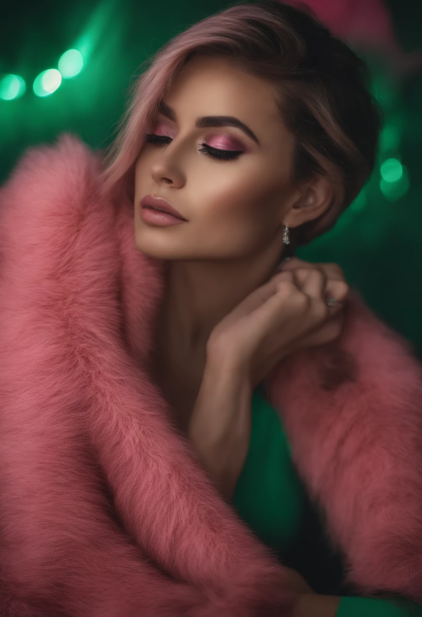 1 mulher, cabelo cacheado curto rosa, olhos verdes escuros, esta numa clareira com um lua cheia ao fundo