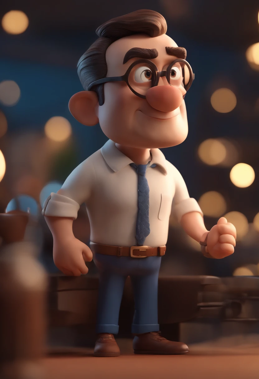 Cartoon character of a man with black glasses, cabelo cacheado marrom escuro e uma camisa azul, animation character, Caractere estilizado, animation style rendering, 3D estilizado, Arnold Maya render, 3 d render stylized, toon render keyshot, Personagem 3D, Personagem 3D, 3d rendering stylized, 3 d character render, personagem de desenho animado, Personagem de close up, Pose de personagem, (Estilo Pixar) (master part:1.2) (Bokeh) (best quality) (pele detalhada) (textura detalhada) (8k) (argila) (Cinematic lighting) (foco nítido