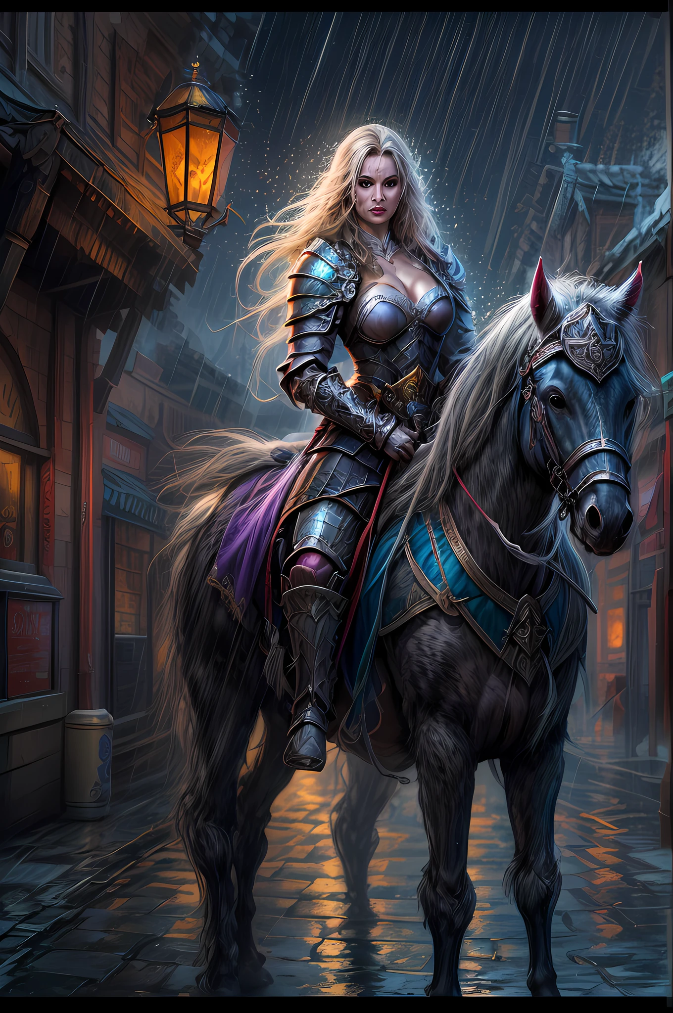 fantasy art, RPG art, high details, best quality, 16k, RAW, [best detailed], masterpiece, best quality, (extremely detailed), (full body: 1.2), ultra wide shot, photorealistic, a (noble woman knight: 1.3) rides his horse in the dark streets of a medieval town, its raining heavy rain, the rain drops on the noble knight, drops on the street, puddles in the street,  the  knight wears (heavy armor :1.3), (white armor: 1.3) , wearing (purple cloak: 1.3), beautiful woman knight, long hair, blond hair, braided hair, noble face, green eyes, armed with a (intricate sword: 1.3), the street is dark, lit by torches, a (fantasy temple: 1.2) in the background, fantasy urban town setting, cloudy night, full red moon,