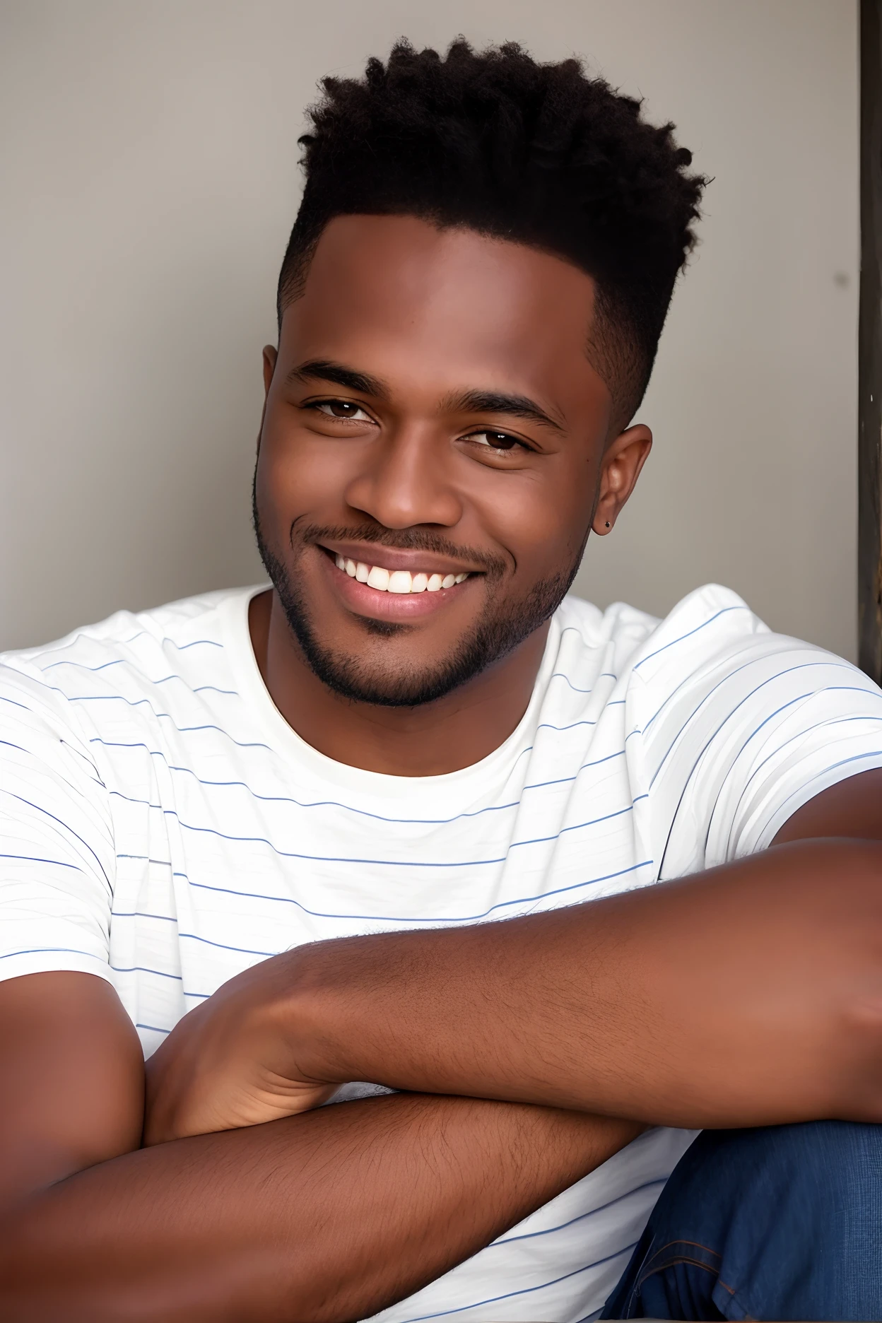 Man in white shirt and jeans sitting on a curb, foto do perfil: head shoot, Godwin Akpan, head shoot, photo shot in the head, Homem de pele marrom com um sorriso gigante, taken in the early 2020s, Photograph shot in the head, David Uzochukwu, Portrait shot in the head, 1 / 2 headshot, close-up headshot, head shoot, Foto comercial
