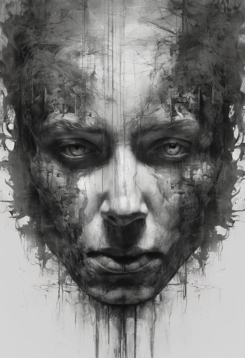 Perfect concentration, Standing position, beleza abstrata, Centrado, camera perspective, Facing the camera, Getting closer and closer to perfection, sorridente, olhos vermelho e Hemorragia, Dynamic, extremamente detalhado, liso, foco nítido, 8K resolution, high resolution, illustration style, arte: Carne Griffiths e Vadim Kachin, fundo branco, decadente, devilish.