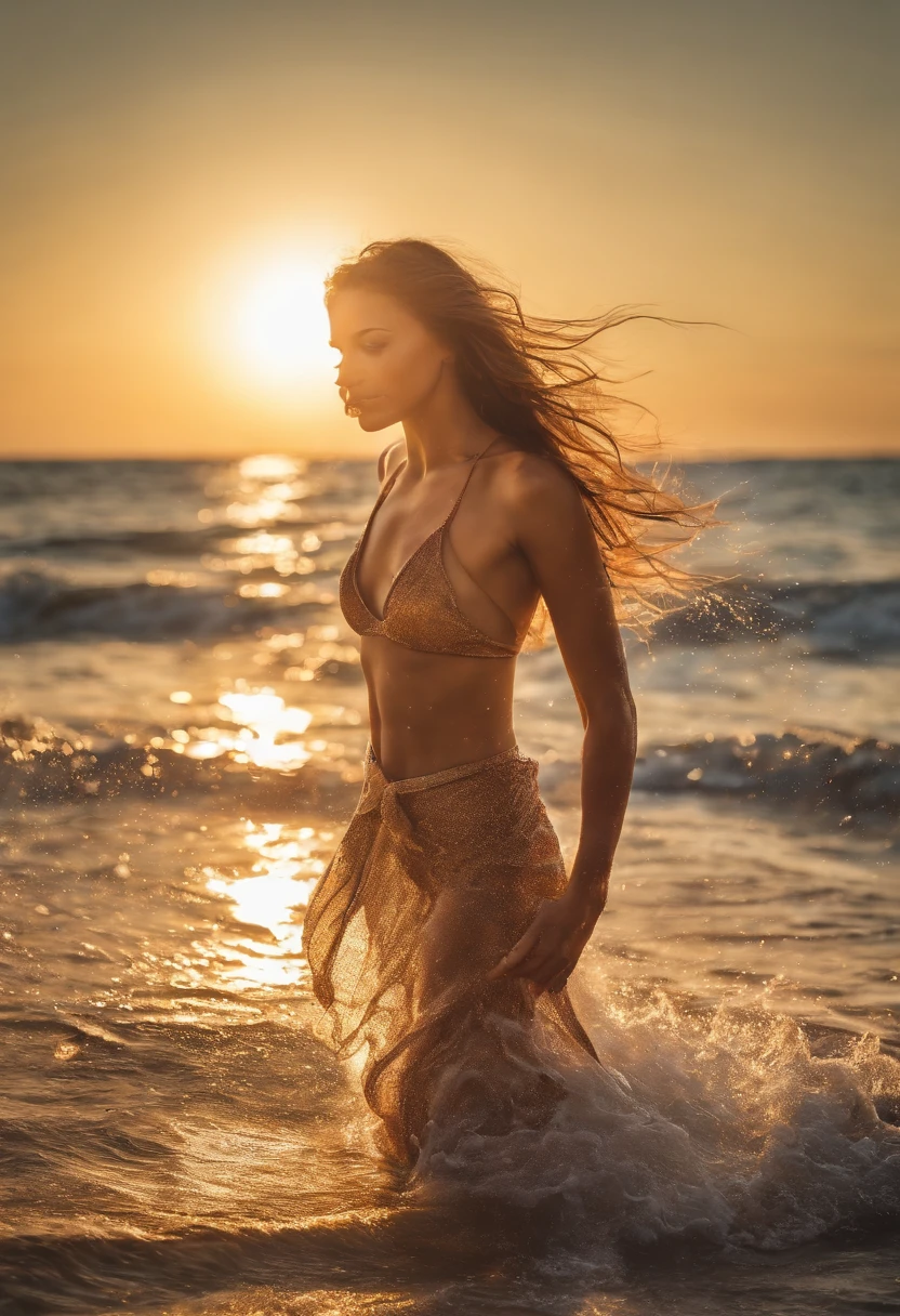 A girl in a micro bikini, glossy skin, sun-kissed skin, beach backdrop, crystal clear water, gentle waves, sandy beach, vibrant colors, tropical vibes, relaxing atmosphere, lively atmosphere, splashing water, palm trees, summer paradise, enchanting landscape, dazzling sunlight, exotic vacation. (best quality,realistic,ultra-detailed:1.2),HDR,UHD,stunning reflections,perfect proportions,lively and dynamic,energetic and vibrant,portraits,soft lighting.