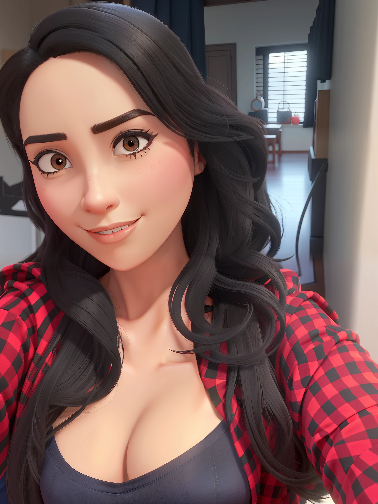 A woman and black symmetrical eyes, camisa vermelha, em um dia tirando selfie no estilo Disney pixar, alta qualidade, melhor qualidade