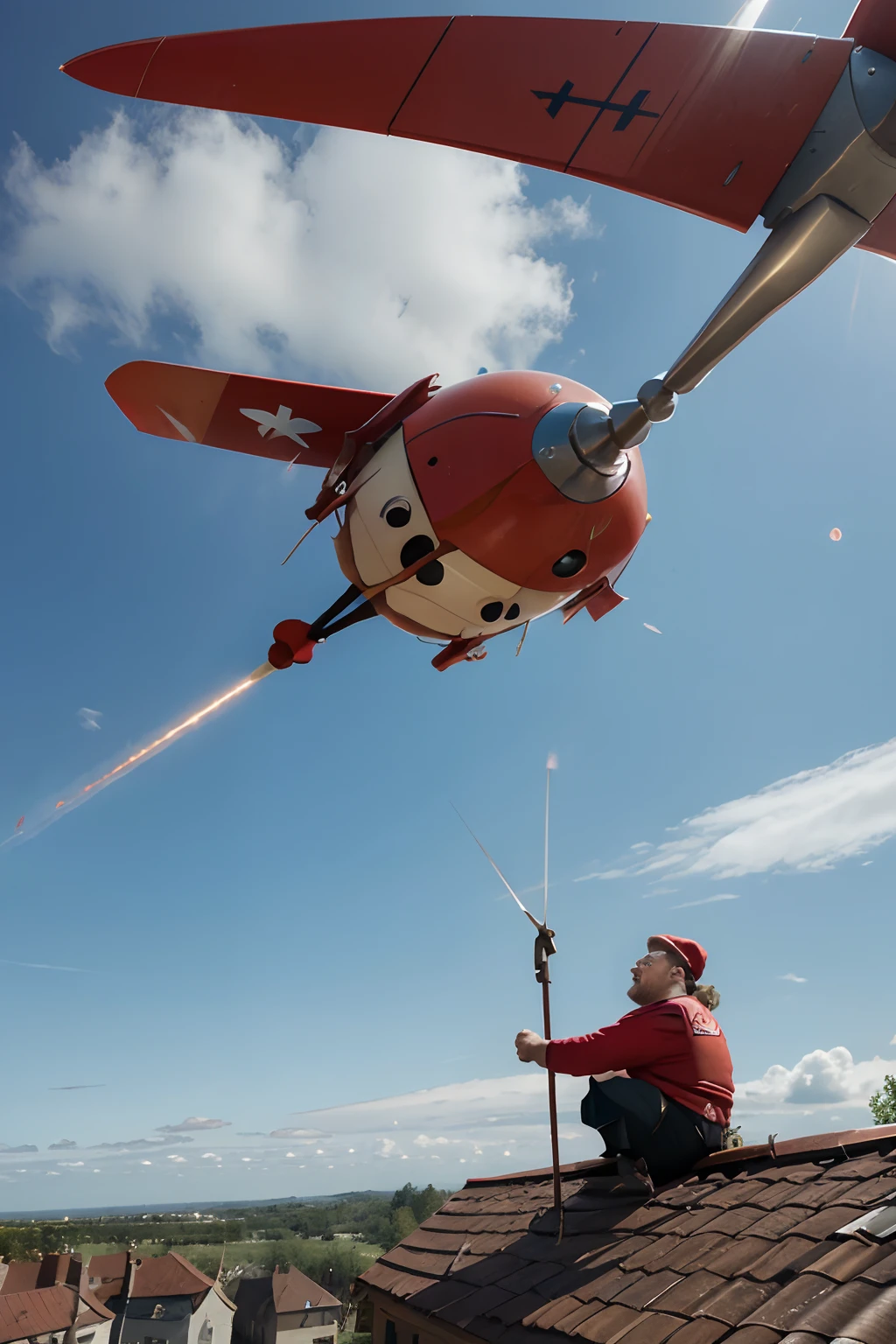A very dynamic scene. Flying Carlson is a cheerful and kind fairy-tale character from Astrid Lindgren. Karlsson of indeterminate age, Fairy-tale character, is very short, Chubby and confident fat man. Carlson on the roof. when Karlsson presses the button on his stomach, The propeller is launched on the back between the shoulder blades. propeller, seemingly, It is a propeller with a red cap, three-bladed propeller with blades, parallel to the back. without wings. Pixar's cartoon style.